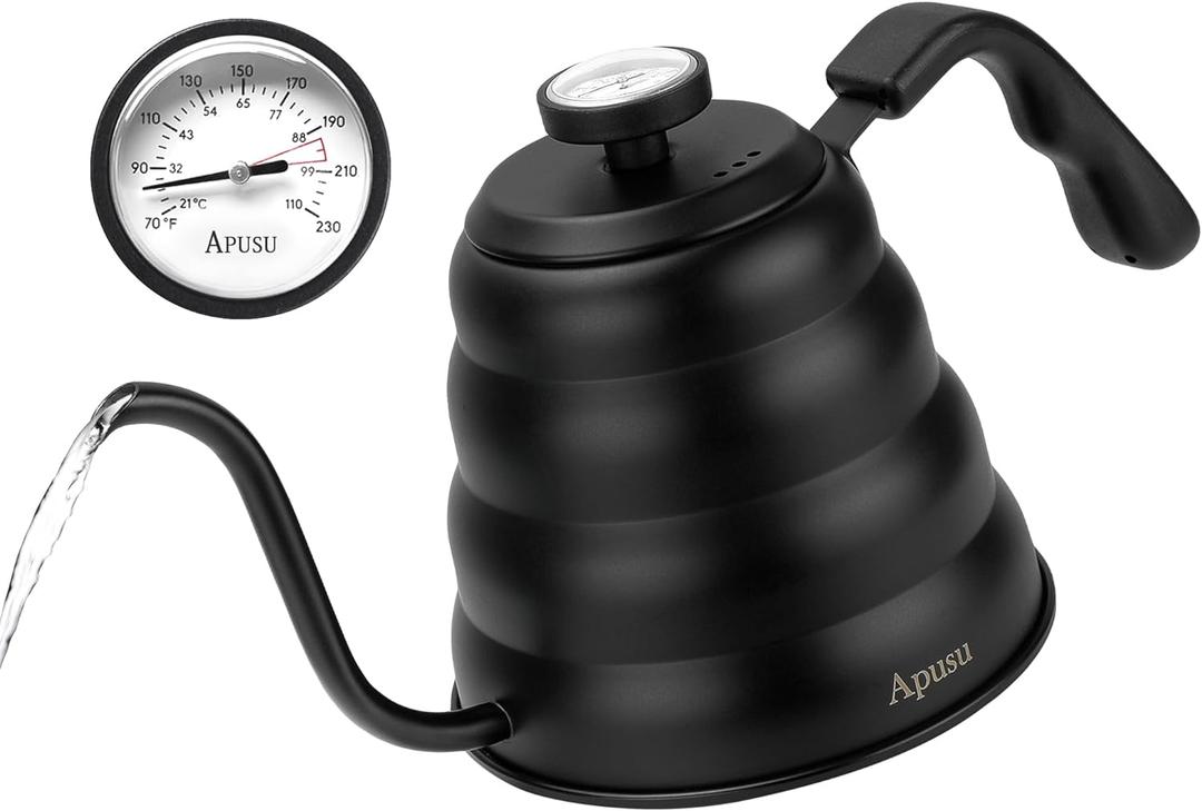 Tea Kettle with Thermometer Pot Black Stovetop Tea Kettle 40oz Gooseneck Kettle Teapot Pour Over Coffee Kettle with Thermometer,1200ml,5 Cup,Black,1Pack (1.3 Quarts)