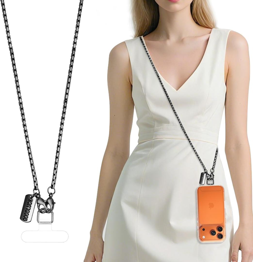 Dadanism Universal Phone Lanyard Crossbody, Metal Cell Phone Chain Crossbody Strap with Tether Tab, for iPhone 16 and Most Smartphones, iPhone Lanyard for Women Girls Party Shopping Traveling, Black (Long)