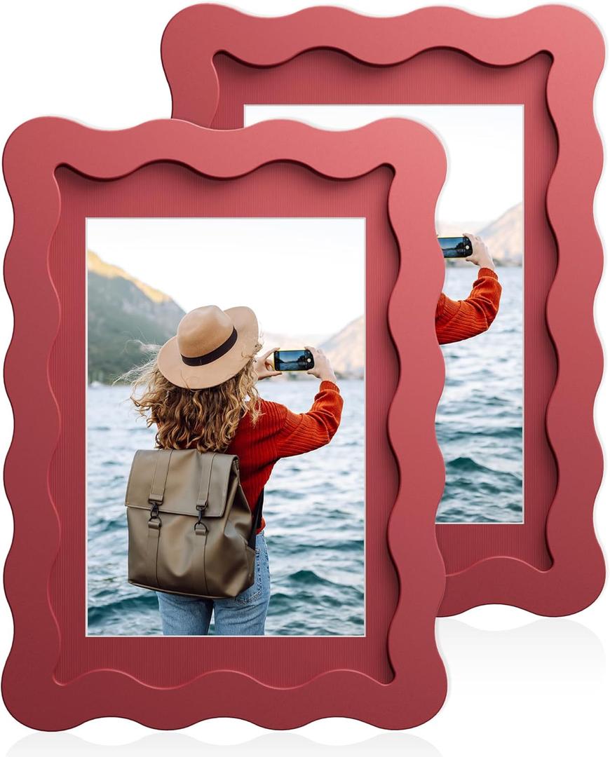 4x6 Wavy Picture Frame With Mat For 3.5x5, Wavy Edge Wooden Picture Frame with Real Glass - Wall Mount and Tabletop Display, Red, 2 Pack