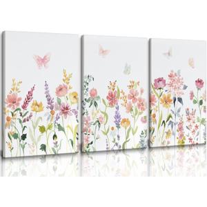 3pcs Framed Watercolors Flower Canvas Wall Art Colorful Nature Floral Wall Decor Pink Yellow Wildflower Poster Prints Pictures Farmhouse Botanical Artwork Ready To Hang for Living Room Bathroom (12"Wx16"H)