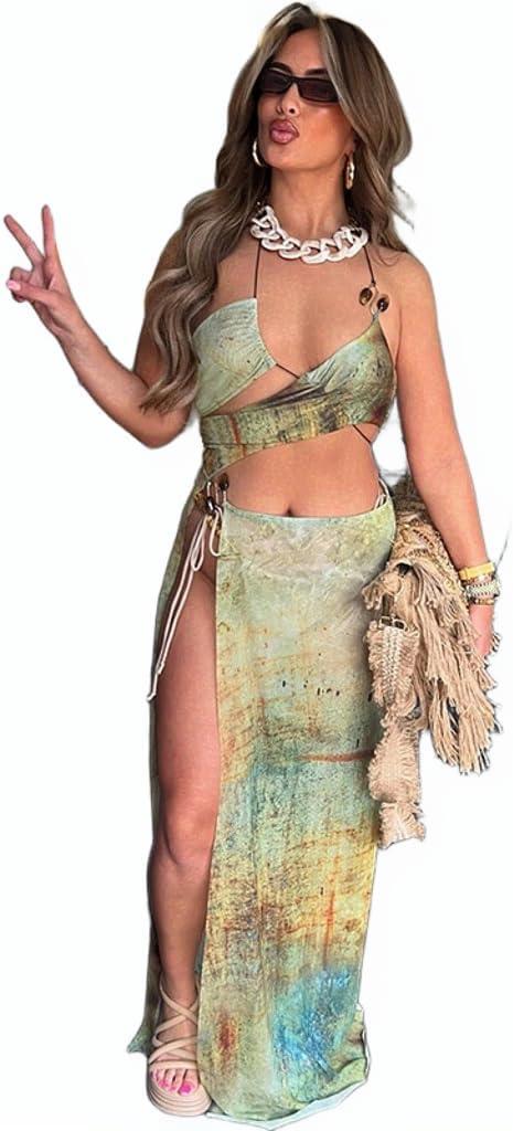 Women's Sexy Dress, Hollow-Out Halter Neck Tie Dress,Fashionable Printed Slim Long Dress,Sexy Backless Bikini, Small
