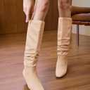 Coutgo Womens Slouchy Knee High Boots Low Kitten Heel Square Toe Tall Boots Fall Winter Shoes (Beige, M)