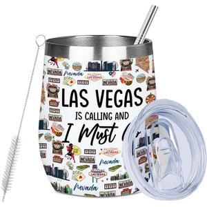 Las Vegas Souvenir Wine Tumbler 12 oz Insulated Wine Glass Cup with Lid Straw Vacuum Insulated Travel Cup,Travel Weekender Gifts for Women Sister Christmas Birthday Halloween Girls Trip Gifts Favors