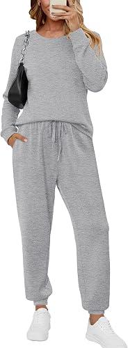 KISSMODA Womens Two Piece Sets 2025 Casual Sweatsuit Outfits Tracksuits Long Sleeve Crewneck Tops and Pants Lounge Set Light Grey XX-Large