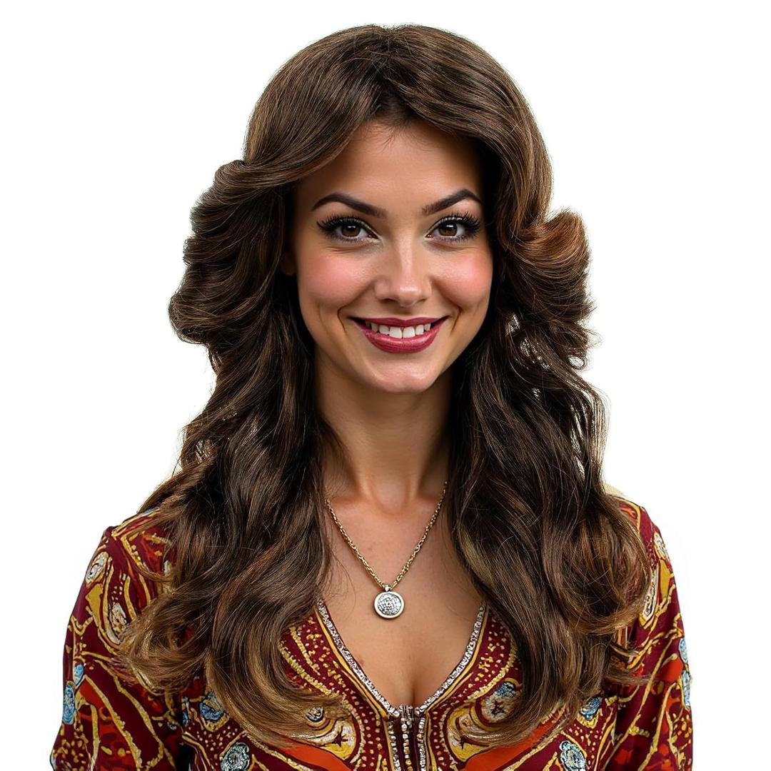 70s Brown Ombre Disco Wig Farrah Fawcett Wigs for Women Lady Natural Synthetic Full Wigs Vintage Cosplay Costume Hair Wig