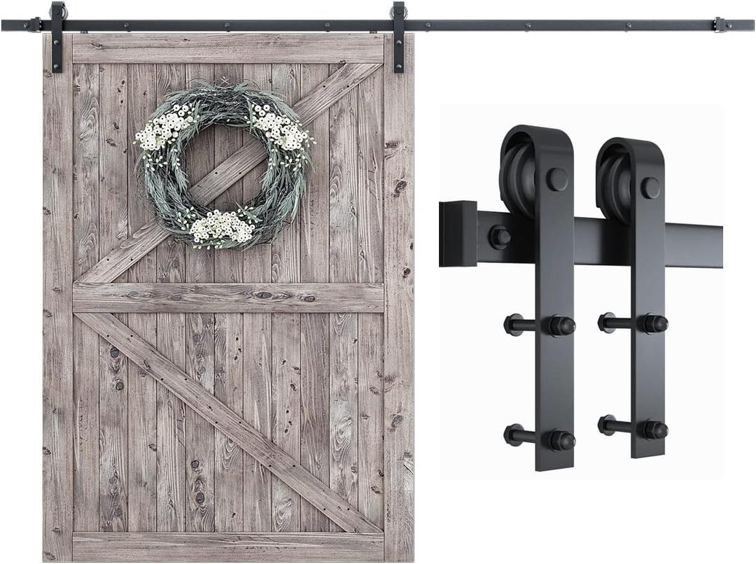 SMARTSTANDARD 9 Feet Heavy Duty Sturdy Sliding Barn Door Hardware Kit-Smoothly and Quietly-includes Detailed Installation Fit 54" Wide Doorpanel (J Shape Hanger) Black