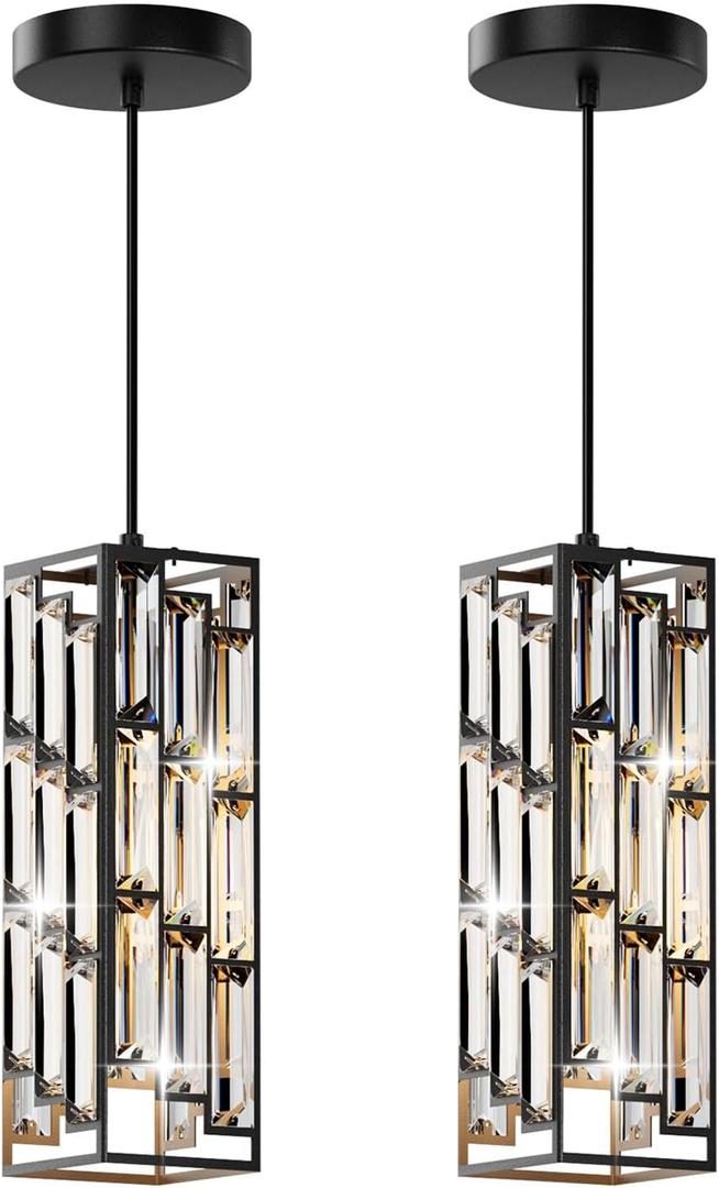 Black Pendant Lights Modern Pendant Light Fixture, Mini Crystal Pendant Ceiling Light, Pendant Light for Kitchen Island, Dinning Room, Bedroom, Kitchen Sink Lighting (2-Pack)