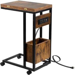 Hadulcet C Shaped End Table with Charging Station & Foldable Tabletop, Folding TV Tray Table with Storage, Laptop Table for Couch, C Table for Sofa, Living Room Bedroom Small Spaces, Rustic Brown