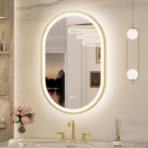 Keonjinn Oval LED Bathroom Mirror 24x36 Inch, Gold Beveled Metal Frame, Frontlit & Backlit Bathroom Mirror with 3 Color Tempurature, Dimmable Lighted Mirrors for Wall with Anti-Fog, HD Tempered Glass