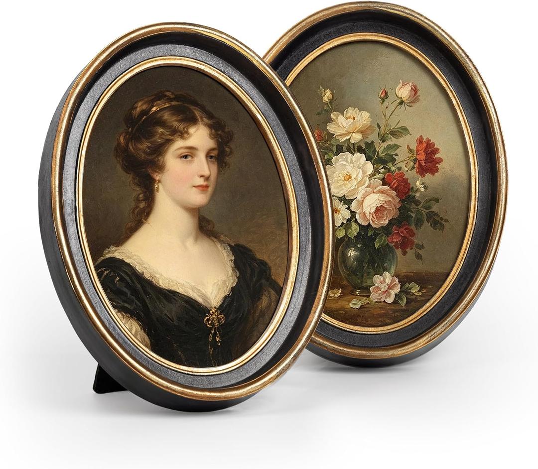 AELS 5x7 Inch Vintage Picture Frame, Set of 2 Elegant Antique Photo Frames with Glass Front, Photo Display, Tabletop Wall Hanging, Gift Ideas, Black Oval with Gold Trim
