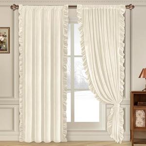 Likiyol White Velvet Curtains for Living Room 84 Inch Ruffle Christmas Blackout Curtains for Bedroom with Tieback, Thermal Insulated Rod Pocket Window Curtain Darkening Drapes 52" W x 84" L, 2 Panels
