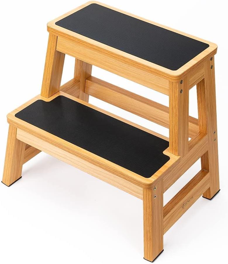 StrongTek Wood Step Stool, 17" Tall Two-Step Design for Adults & Kids, Heavy-Duty 500 lbs Capacity with Non-Slip Steps, Ideal for Kitchen, Bedside & Bathroom Use