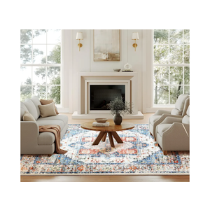 Washable 9x12 Area Rugs, Rugs for Living Room, Low-Pile Water&Stain Resistant Carpet Vintage Distressed Printed Non-Slip Carpet for Bedroom Bathroom Kitchen-Blue