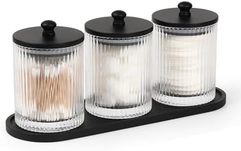 eggs sound 3 Pack Qtip Holder - Bathroom Organizers and Storage, Cotton Round Holder Floss Pick Cotton Ball Swab Holder with Tray, Glass Apothecary Jars with Lids Container Set -sw clear b