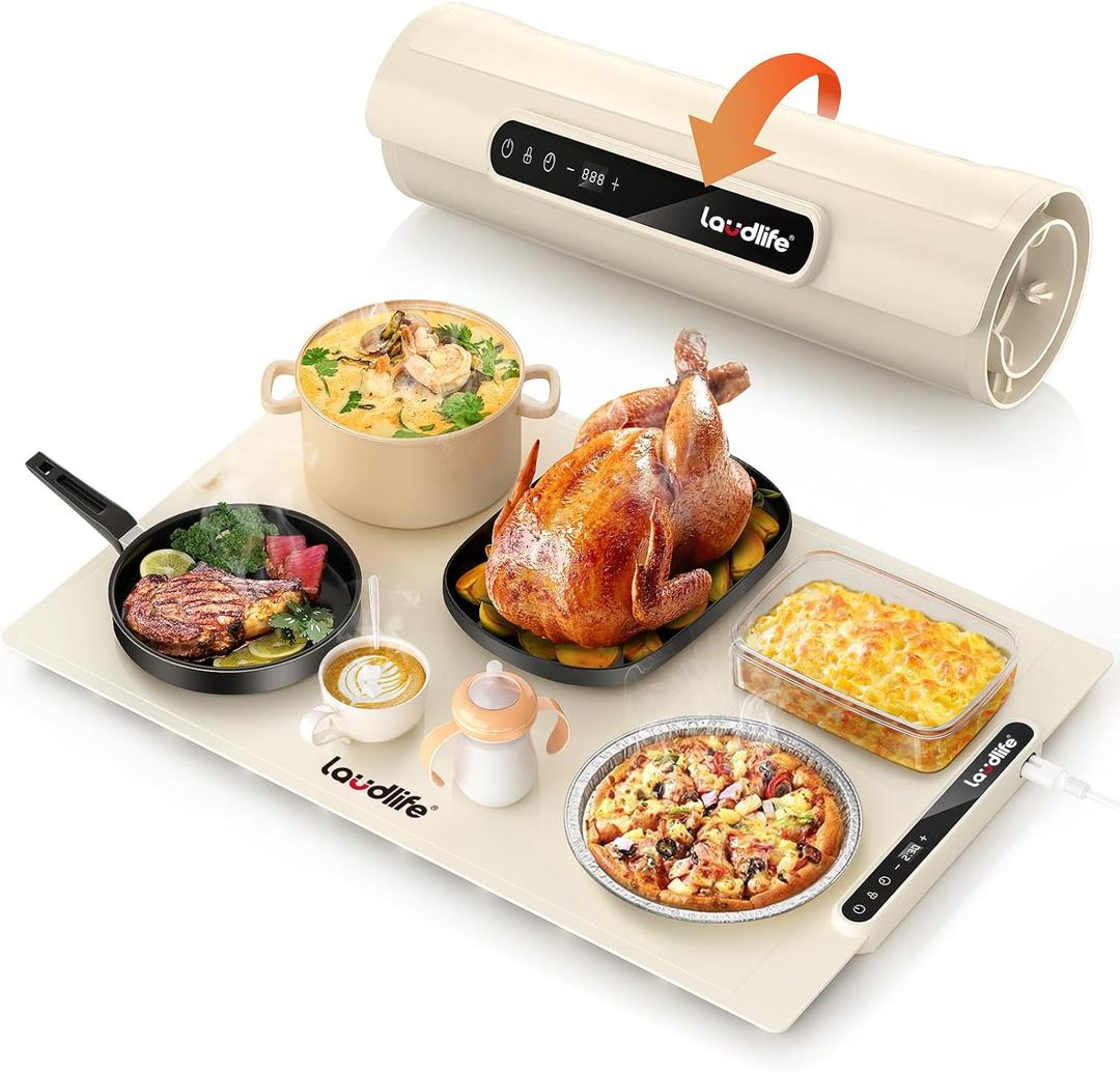 Food Warming Mat 24x16 Inches, Electric Warming Tray with 7 Temps, Foldable Food Warmer for Parties, Buffets, Family Gatherings, Holiday & Sabbath, Child Lock, Heating Mat for Food, Beige