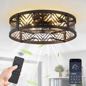 LEDIARY 20" Caged Ceiling Fan with Light, Small Flush Mount Ceiling Fan with App&Remote, Low Profile Bladeless Ceiling Fan for Bedroom, Kitchen, Dining Room-Black