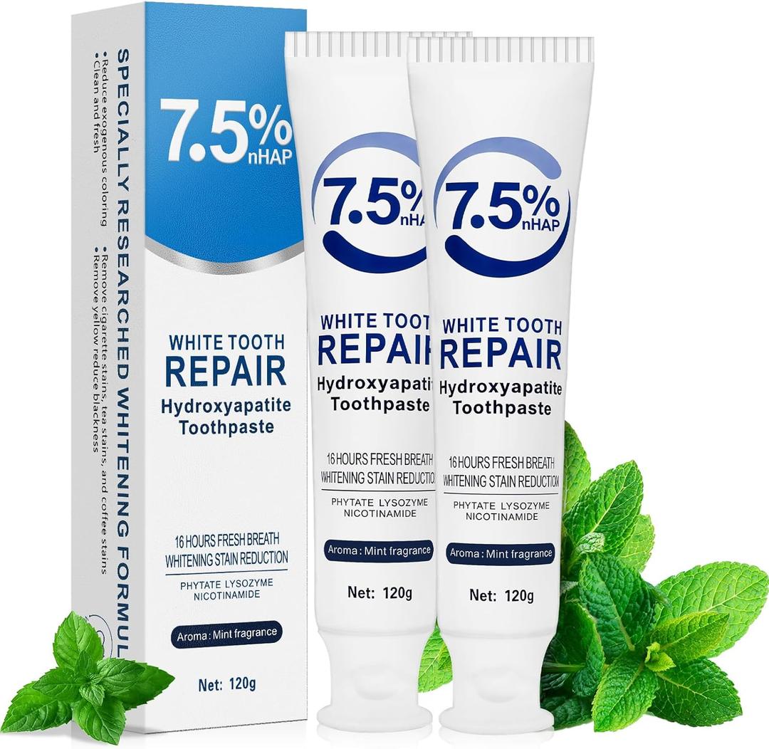 Nano Hydroxyapatite Toothpaste 7.5% (FluorideFree), Remineralizing & Enamel Protection, Dentist Recommended for Sensitive Teeth & Kids, Refreshing Mint Whitening Toothpaste (2Pack, Mint)