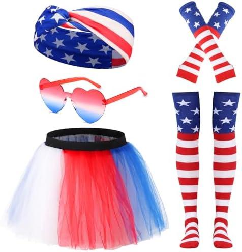 Ibeauti Women 4th of July Costume Accessories USA Flag Tutu Skirt Glasses Flag Headband Striped Arm Warmer Stockings