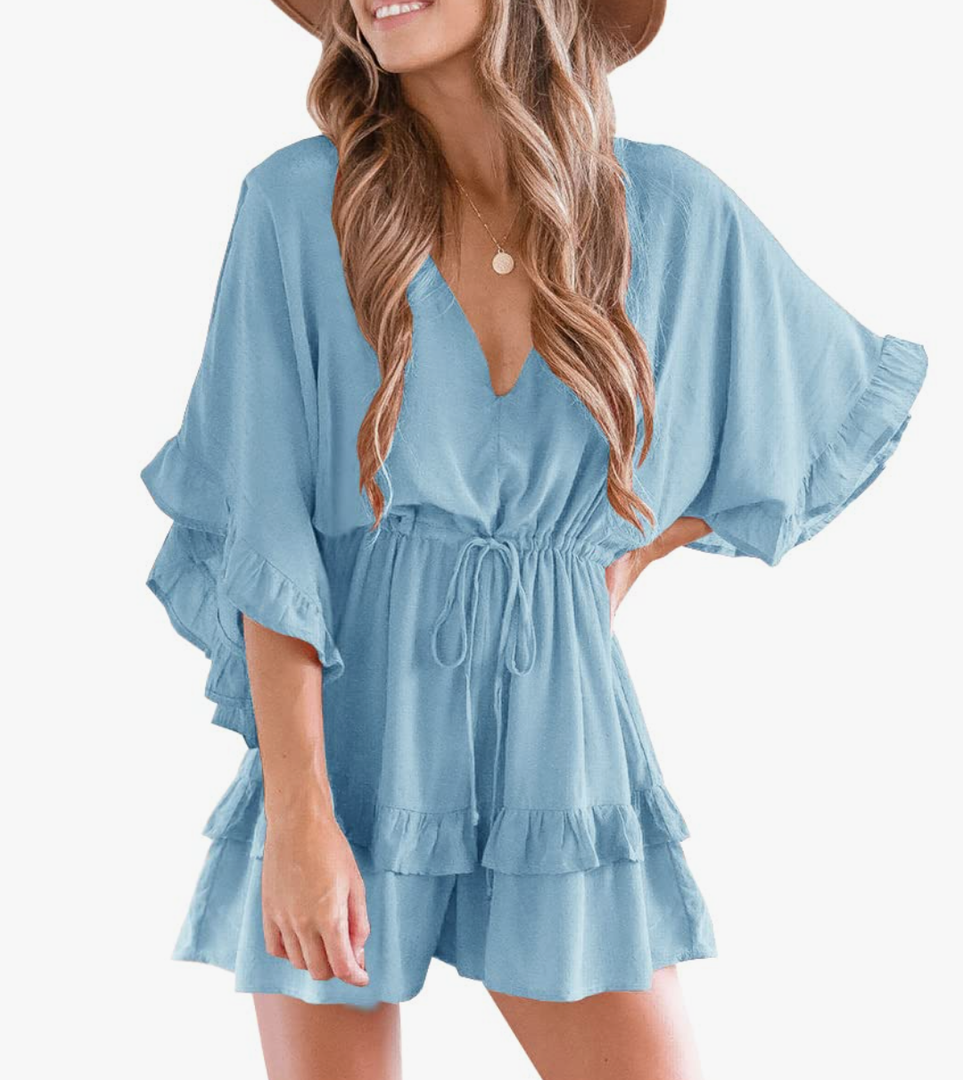 Valphsio Womens V Neck Beach Romper Ruffle Layered Drawstring Waisted Shorts Jumpsuit, M