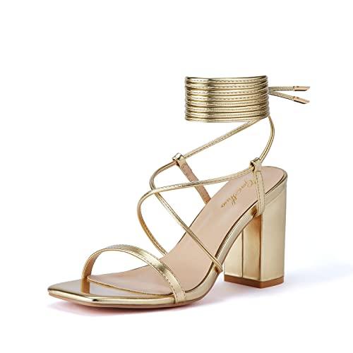 GENSHUO Square Toe Sandals Women Lace up Chunky High Heels Strappy Sandals Block Heeled Ankle Wrap Homecoming Wedding Dress Shoes Gold Size 8.5