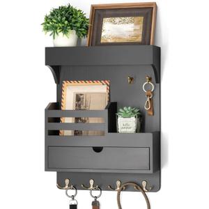 Rebee Vision Modern Key Holder Wall Mount with Drawer Organizer - Pine Wood Mail and Key Organizer with 6 Keys Hooks and Floating Wall Shelf - Stylish Home Decor for Apartment (Black)