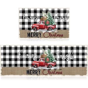Tinideya Christmas Rug Plaid Christmas Kitchen Rug Set of 2 Farmhouse Xmas Tree Truck Buffalo Check Mat for Kitchen Bath Room Decoration, 17 x 47 in, 17 x 28 in