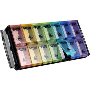 Extra Large Pill Organizer 2 Times a Day, FGcase Easy Fill AM PM Pill Box, Large Capacity Quick-Refill 7 Day Pill Cases for Pills/Vitamin/Fish Oil/Supplements Rainbow Black