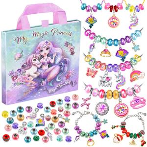 Girls Charm Bracelet Making Kit: Mermaid Jewelry Supplies Make Set Charm Bracelets Kits DIY Art Craft Set Girl Toys Age 5 6 7 8 9 10 11 12 Year Old Girl Little Children Creative Birthday Gifts for Kid