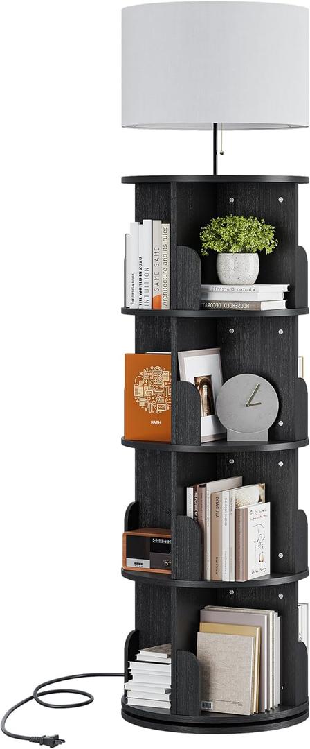 Rotating 4-Tier Bookshelf with Adjustable Light, 360 Spinning Bookcase Tower, Tall Floor Standing Book Shelf for Bedroom, Living Room, Office, Black