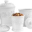 American Atelier Kitchen Ceramic Canister Set w/Lids Bianca Leaf, White 3PC
Engraved Storage Jars Featuring Rubber Sealed Lid for Sugar Pasta Coffee Flour Cookies and Pantry Organization for Countertop