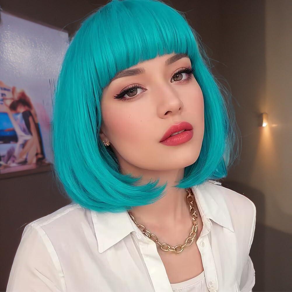 Short Bob Wig with Bangs Teal Blue Wig Bluish Green Wig Colored Wigs Heat Resistant Synthetic Mermaid Wig Party Cosplay Wigs for Women