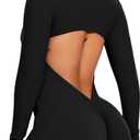 SEASUM Women's Zip Up Workout Jumpsuit Backless Gym Romper Long Sleeve One Piece Bodysuit Yoga Athletic (Large, #1 Black)