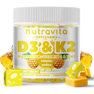 2 x Nutravita Sugar-Free Vitamin D3 K2 Chews with Calcium + K2 (MK-7), Magnesium Citrate, Vitamin C, Extra Strength - Ultimate Absorption for Bone Muscle Teeth Immune, Vegan - 60 Count-Pineapple Flavor, Exp: 03/2027