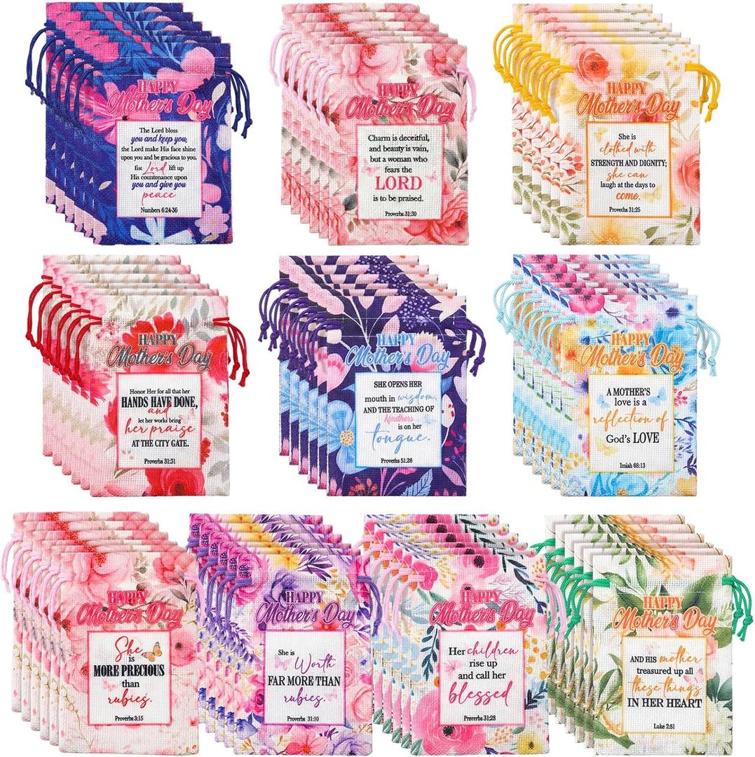 Sanwuta 60 Pcs Mother's Day Christian Drawstring Gift Bags Bulk Church Gifts Floral Inspirational Religious Bible Verse Candy Bags for Women Mom Mother's Day Party Favors