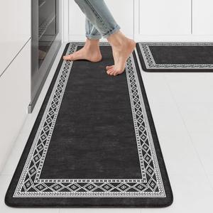 KIMODE Anti Fatigue Kitchen Mats 17"x47"+17"x29", Farmhouse Kitchen Rugs Sets of 2, Cushioned Non Skid Kitchen Mats for Floor, Comfort Kitchen Floor Mats for Sink Laundry Desk Black