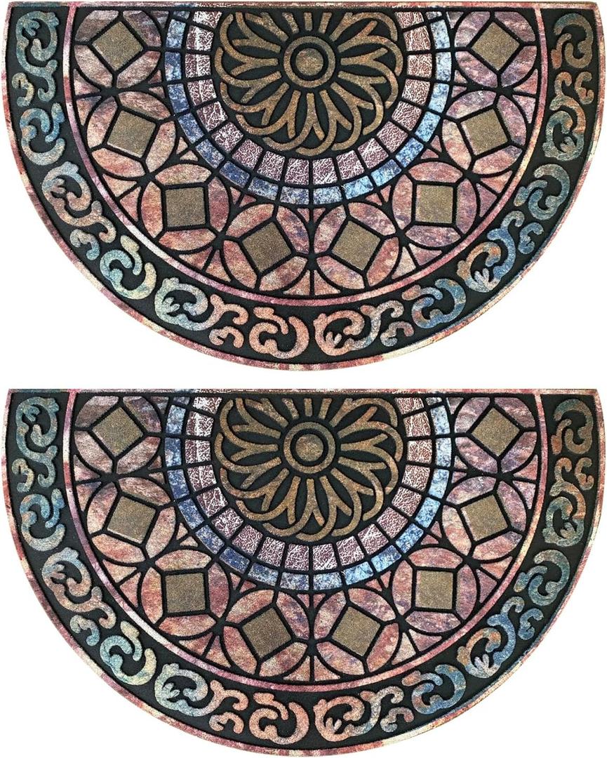 ANDSTAR 18" x 30" Half Round Door Mat Non-Slip Entryway Doormat Durable Rubber Door Mats Low-Profile Heavy Duty Doormat Easy Clean Rugs Indoor Outdoor Entry Decoration for Home, Garage, Patio (2 Pcs) (Brown Pattern Texture)