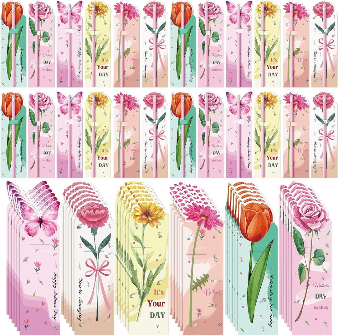 Gueevin 36 Set Mothers Day Pink Pencil Gifts Cute Mother's Day Pencils Set Mother's Days Wood Pencils Bulk Best Mom Gifts with Floral Card Mother Party Favors Birthday Gift
