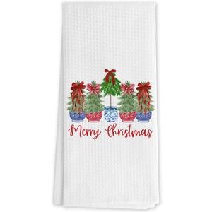 Red Bow Chinoiserie Christmas Tree Kitchen Towels, Blue and Red Porcelain Xmas Tree Decorative Hand Towels for Bathroom, Grandmillennial Christmas Dish Tea Towels for Kitchen, 16x24 Inch