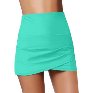 GRAPENT Women's High Waist Tulip Hem Shirring Swim Skirt Swimsuit Bikini Bottom (X-Large, A #4# Cyan)