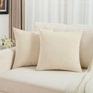 FUTEI Beige Decorative Throw Pillow Covers 20x20 Inch Set of 2,Soft Chenille Striped Textured Cushion Covers,Home Decor for Couch Bed Living Room Office Car