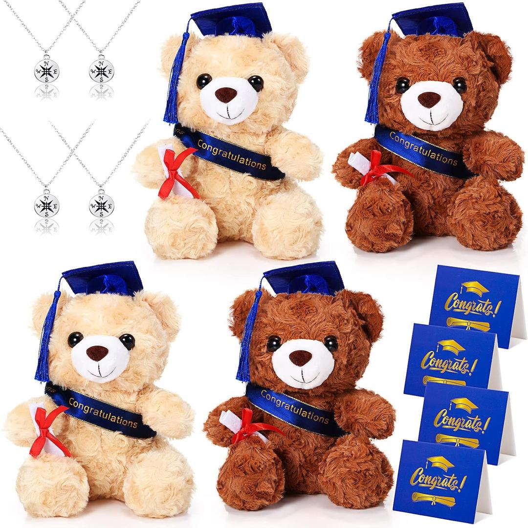 Jexine 12 Pcs Class of 2026 Graduation Bears 4 Plush Stuffed Bears with Graduation Caps Diploma Congratulations Sash 4 Congrats Cards 4 Compass Necklace for School Party Decor(Blue Cap)