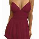 eoeoo Women's Sexy V Neck Ruffled Hem Mesh Sleeveless Ruched Spaghetti Strap Flowy Mini Dress WineRed S (S)
