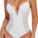 SHAPERIN Women's Low Back Shapewear Tummy Control Plunge Deep V Neck Backless Body Shaper Thong Bridal Bodysuit Bra Fajas (White, M)