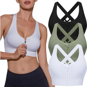Sykooria Women Sports Bras High Impact Strappy Cross Back Padded Workout Bras for Running Yoga Gym (Small, Zipper-black+white+green)