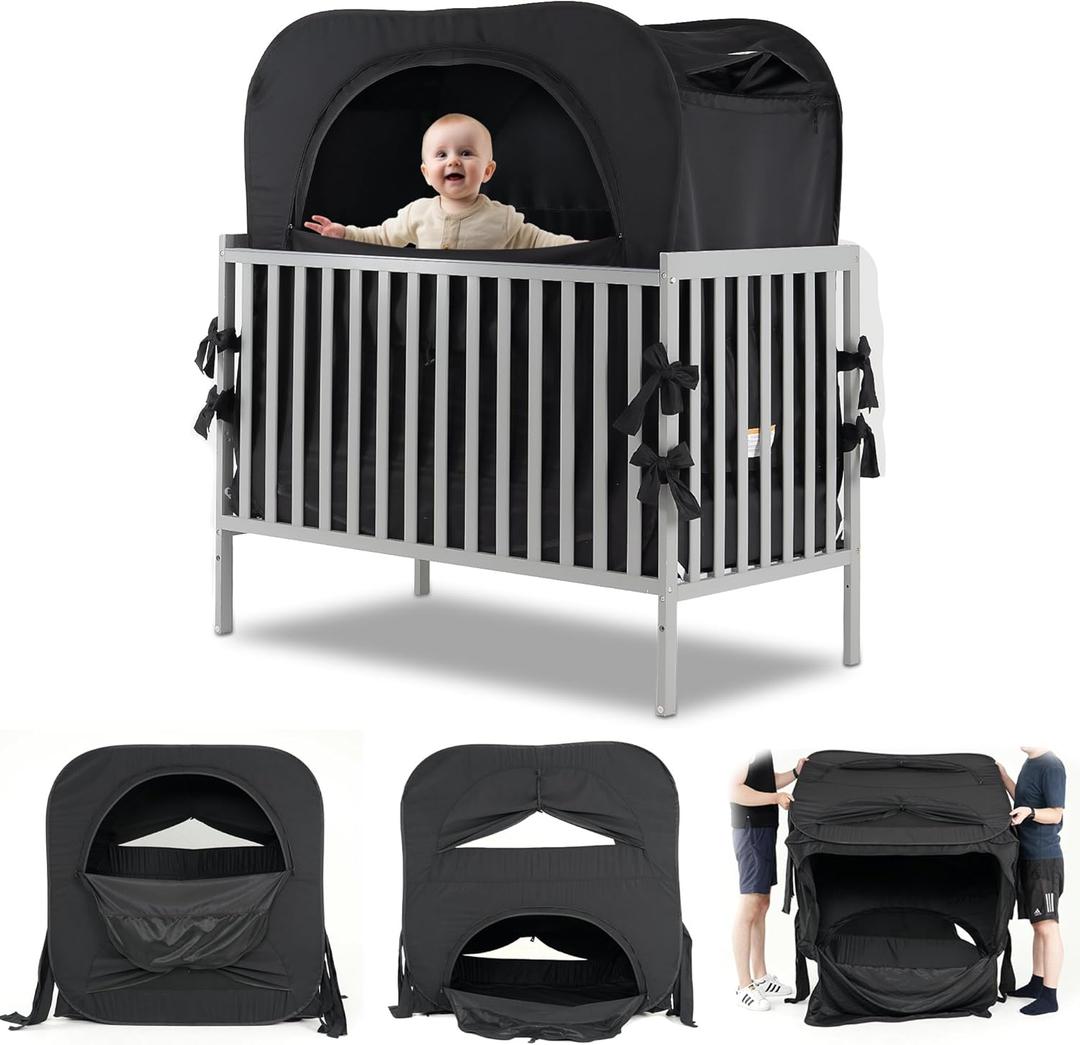Poray Pop-up Baby Blackout Tent Privacy Sleeping Crib Tent Cover for Toddler, Blocks 95% Light with Monitor and Fan Pouch Design with Zipper Doors, Breathable Mesh Windows, Portable Carry Bag