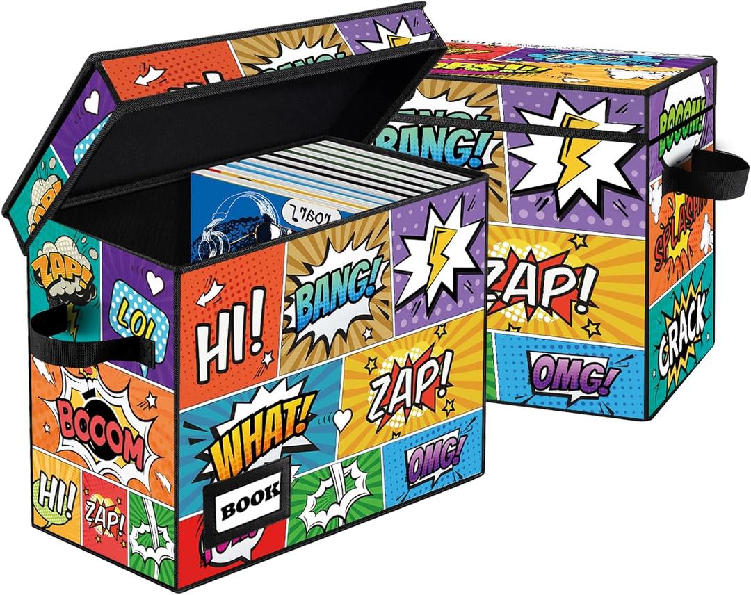 2 Pack Comic Book Storage box, Collection 15.8" X 7.8" X 11.8", Collapsible Holds 160-180 Comic Book Short Box Organizer Container Holder Shelf(Cartoon Colorful)