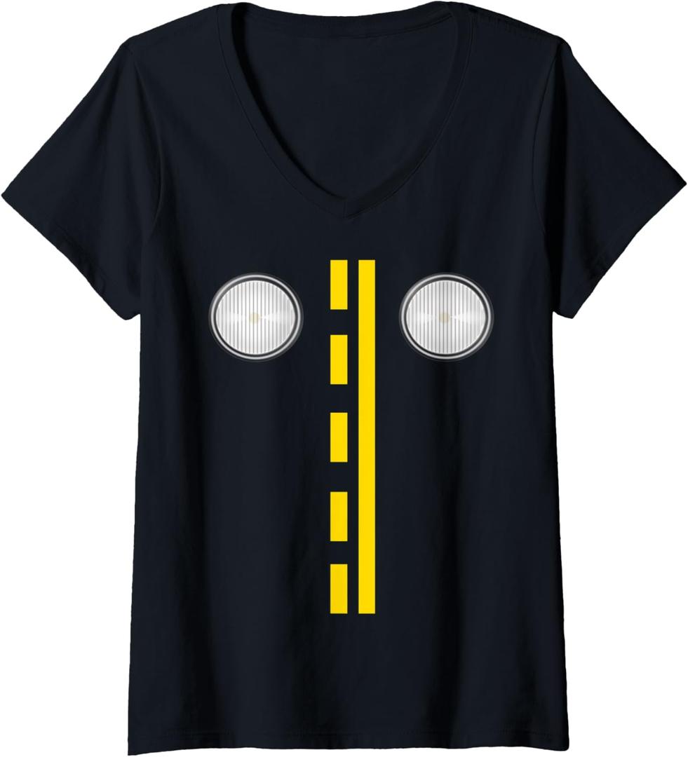 Womens Headlights With Road Markings Funny Halloween Costume V-Neck T-Shirt, Size M