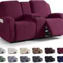 KinCam Loveseat Recliner Covers with Middle Console Slipcover, Recliner Sofa Covers 2 Seat Couch Cover Stripe Jacquard Furniture Protector Covers with Elastic Bottom for Kids, Pets (Burgundy)