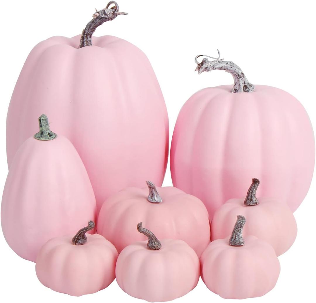FOIMAS Pink Artificial Pumpkin,8pcs Lifelike Faux Pumpkins Decor for Halloween Thanksgiving Fall Party Harvest Table Decoration Supply