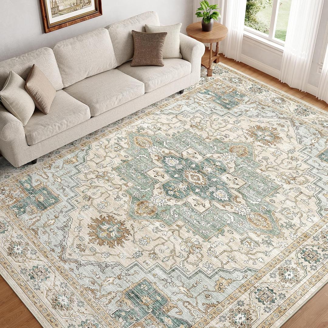 9x12 Area Rugs for Living Room, Machine Washable Non Slip Vintage Rug, Non-Slip Stain Resistant, Large Soft Home Decor Rug for Bedroom Dining Room (Green/Beige 9'x12')
